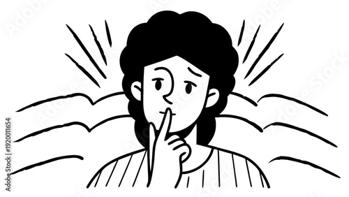 Illustration of a contemplative person with thoughtful expression and hand gesture from a straightforward viewpoint