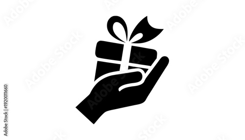 Hand holding a wrapped gift box with a ribbon, viewed from the side, in a simple illustration style
