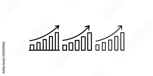 Set of three bar chart icons with rising arrows showing financial growth and business success in different stroke weights isolated on white background art