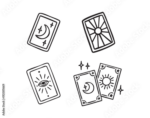 Tarot card set with eye, moon and sun motifs, mystical divination cards, monochrome line art hand drawn style