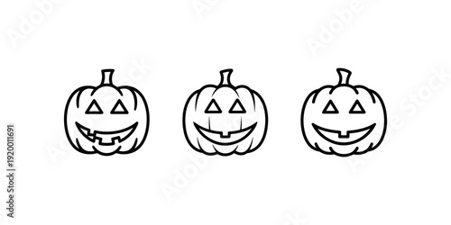 Collection of three halloween pumpkin icons with carved faces and different line thicknesses perfect for autumn holiday decorations isolated on white art