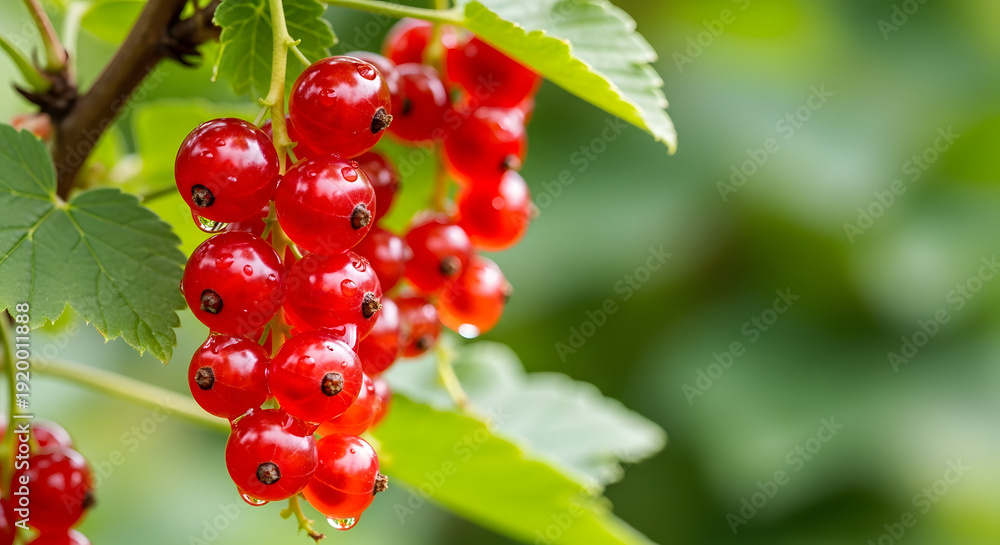 Fototapeta premium Vibrant red currants hanging from lush green branches in a sunlit garden