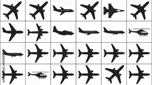 Airplane and helicopter silhouettes grid set, commercial and military aircraft vector illustration collection