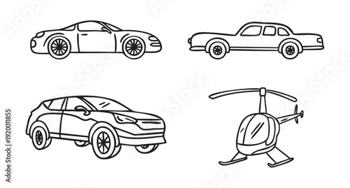 Set of transport retro car sedan crossover helicopter, hand drawn doodle, line art, monochrome, hand drawn