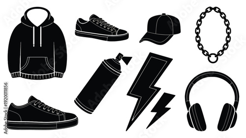 A collection of urban fashion and streetwear accessories and symbols