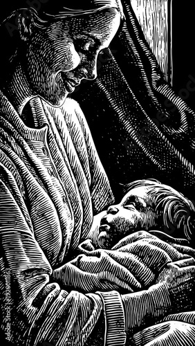 Mother holding and gazing at her baby in soft light by the window  