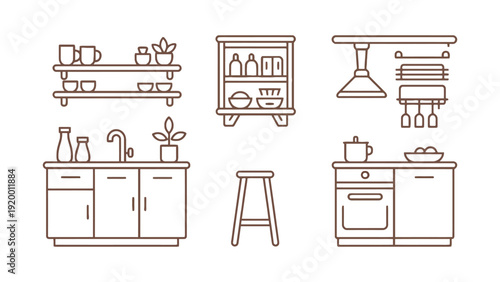 A minimalist line drawing of a modern kitchen with various appliances