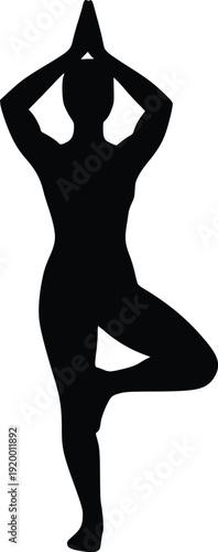 Silhouette of a Woman in Tree Pose (Vrksasana) Yoga Illustration - Black and White Vector Graphic for Wellness, Balance, and Meditation Concepts