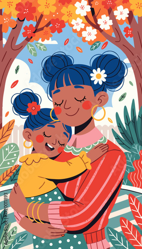 Mother and daughter embracing happily in a colorful autumn park  