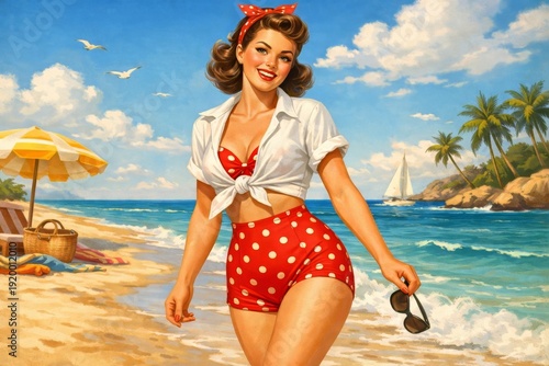 A retro pinup woman strolls along a sunny beach in red polka dot swimwear, exuding playful vintage charm against a backdrop of palm trees, waves, and blue summer sky.