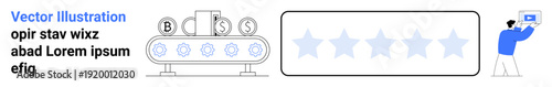 Conveyor belt processes currency symbols into outcomes, followed by five-star rating system and a user with a tablet. Ideal for finance, productivity, automation, evaluation, quality assurance