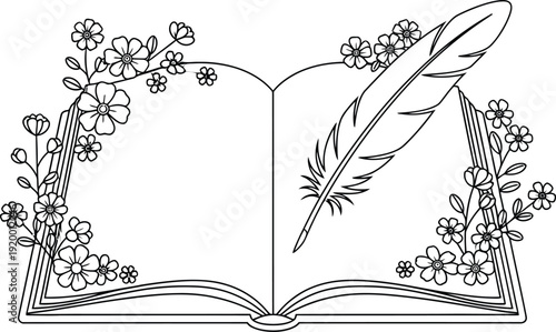 Elegant black and white outline drawing depicting an open book adorned with delicate floral vines and a classic quill pen resting upon the right page.