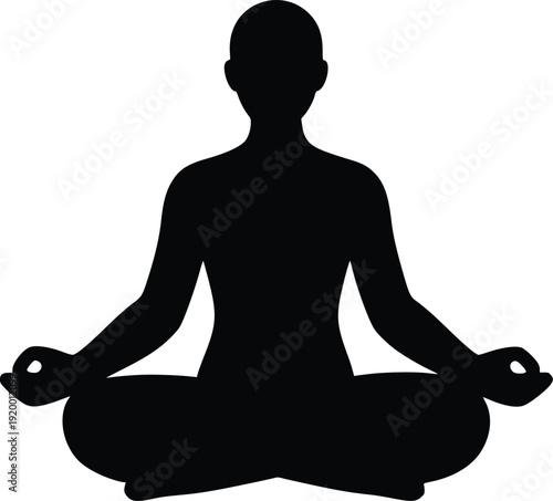 Black Silhouette of Person Meditating in Lotus Pose, Vector Illustration for Yoga, Wellness, and Mindfulness Concepts. Clean Icon for Websites, Apps, and Print.