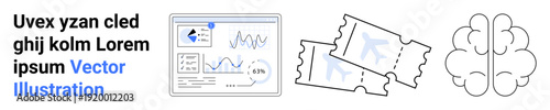 Data analysis, cognitive processes, event ticketing, creative brainstorming, digital tools, and research. A graph panel, tickets and a brain outline. Data analysis and cognitive processes