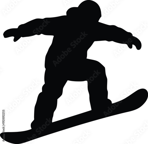 Silhouette of a snowboarder in action, dynamic vector illustration for sports, adventure, and winter activities. Isolated black graphic on white background, perfect for web, pri...