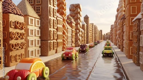 Gingerbread city with colorful cars and candy buildings on street  