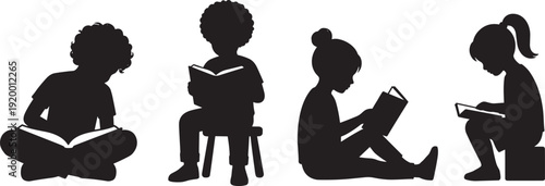 Children reading books silhouettes vector set, kids studying and learning in different sitting poses illustration