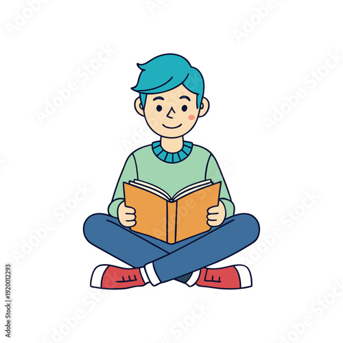 Young man sitting cross-legged reading book flat vector illustration concept