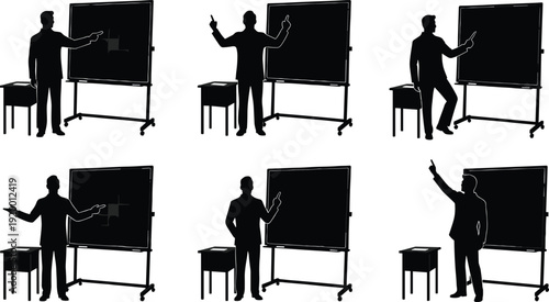 Black silhouette of man teaching in front of blackboard teacher