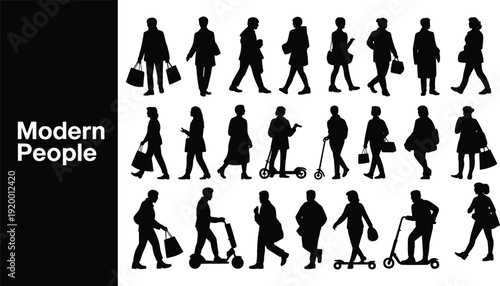 Collection of modern people silhouettes walking, shopping, commuting and riding scooters, diverse urban men and women isolated vector illustration set black design elements