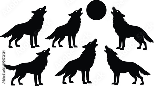 Black silhouette of six wolves howling at the moon wolf