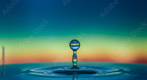 Water droplet creates ripples on surface with colorful rainbow reflection at sunset