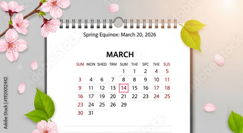 March 2026 calendar with spring equinox date and cherry blossoms on a desk