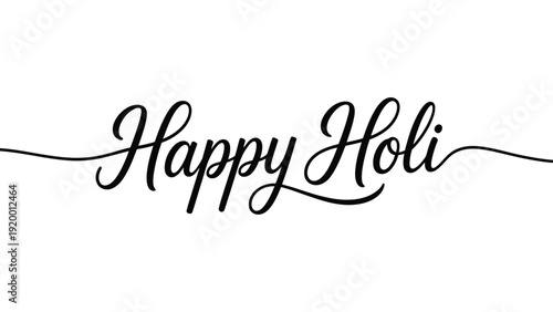 Happy Holi elegant horizontal script typography with decorative underline flourish isolated on white background, minimal indian spring festival greeting banner template 