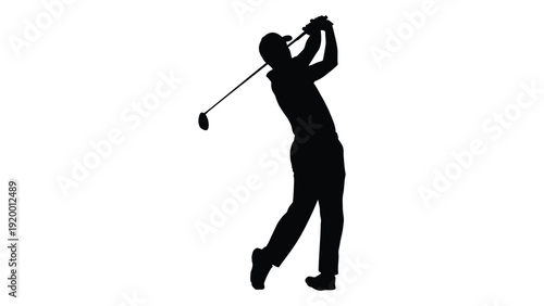Silhouette of a golfer in mid-swing on a golf course at sunset isolated on white background, Vector
