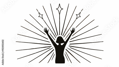 A person celebrating with arms raised surrounded by radiant lines and stars from a central viewpoint