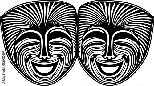 Theater masks symbolizing comedy and tragedy, side by side, in a stylized illustration, representing drama and performance art