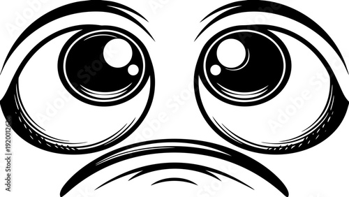 A cartoon face with large expressive eyes and a frowning mouth is depicted in a simple black and white illustration