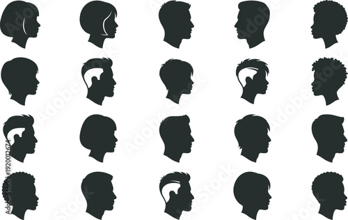 Diverse male and female head silhouette vector set, side profile hairstyle portraits collection