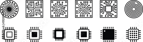 Microchip and Circuit Board Icon Set Featuring Circular, Square, Symmetrical, and Grid Designs for Electronics and Computing Hardware