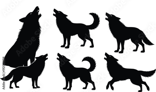 Black silhouettes of wolves howling wolf dogs