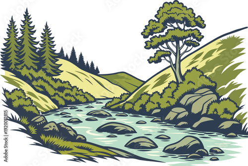 Rocky River Landscape Scene. Mountain Rocky River Stream. Natural Rocky River View. Wild River with Rocks. Forest Rocky River Flow. Scenic Rocky River Valley. Clear Water Rocky River. River Rapids