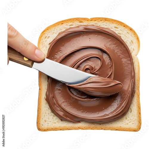 A knife spreading creamy chocolate hazelnut spread on a slice of toasted bread