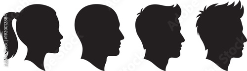 Human head profile silhouettes vector set, male and female side view portrait collection illustration