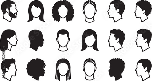 Male and female face silhouette vector set, diverse hairstyles front and side profiles illustration