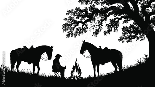 Cowboy resting by campfire with horses under tree silhouette, western ranch scene at dusk, rustic countryside lifestyle, black and white vector illustration