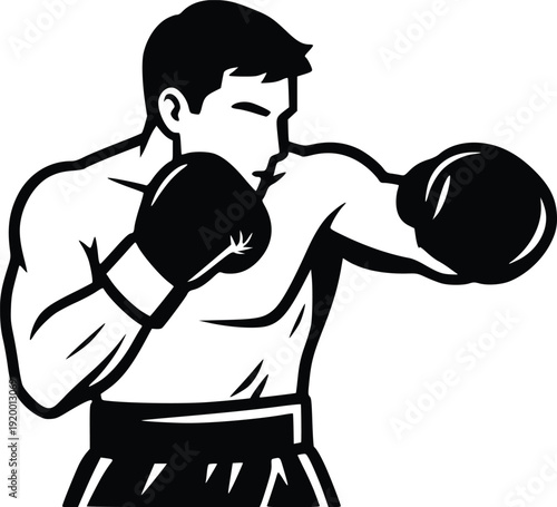 Dynamic Vector Illustration of a Boxer in Action, Black and White Graphic for Sports, Fitness, and Combat Themes. Isolated on White Background for Versatile Use.