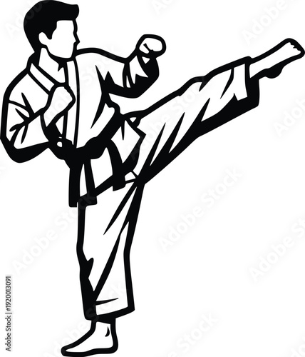 Dynamic Karate Kick Vector Illustration: Martial Arts Action Silhouette for Sports, Fitness, and Combat Training Graphics. Isolated Black and White Graphic.