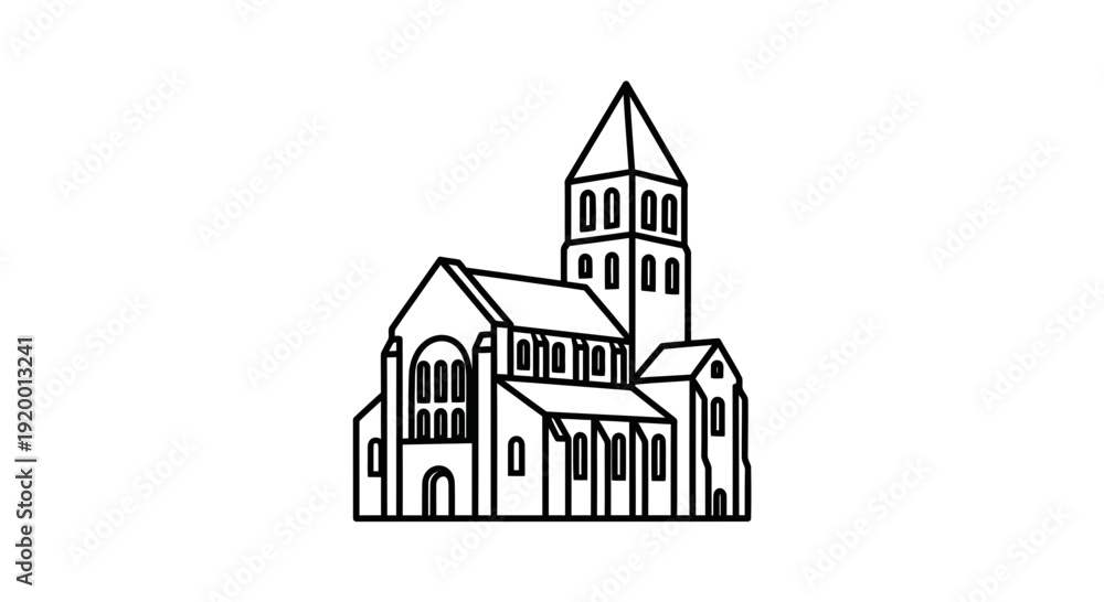 Obraz premium Line Art Drawing of a Romanesque Church Facade with Tower and Arched Windows