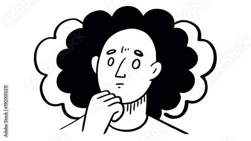 A contemplative individual with curly hair ponders a thought bubble, lost in deep reflection, depicted in a simple illustration