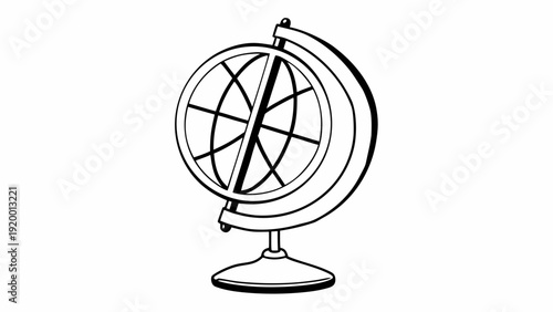 Detailed black and white illustration of a globe on a stand, showcasing continents and meridians from a tilted viewpoint