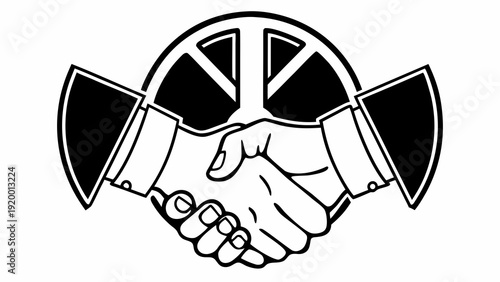 Handshake between two individuals surrounded by crossed axes and a circular emblem, symbolizing partnership and cooperation in a professional or industrial setting