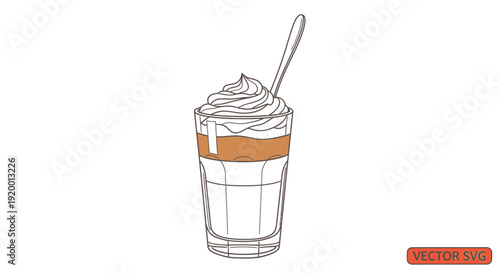 Line Art Drawing of a Layered Iced Coffee with Whipped Cream and Spoon