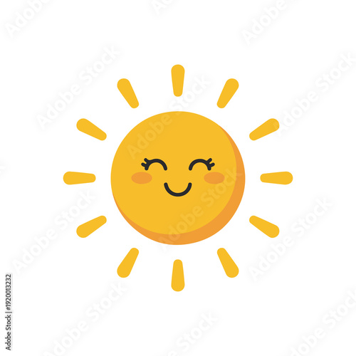 Bright yellow sun with smiling face emitting radiant light rays
