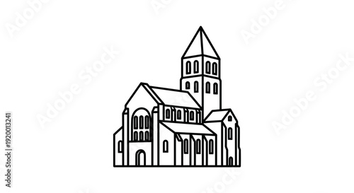 Line Art Drawing of a Romanesque Church Facade with Tower and Arched Windows