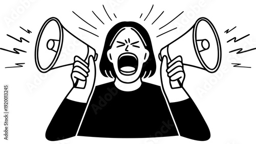 Woman shouting through megaphones, expressing strong emotions and protest from a close-up frontal viewpoint